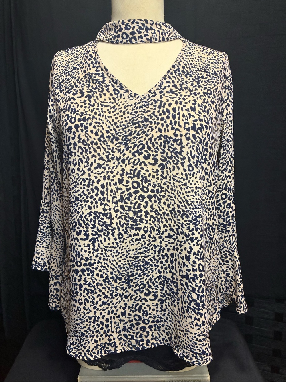 Veronica M Beige and Navy Leopard V‑Neck Choker Blouse